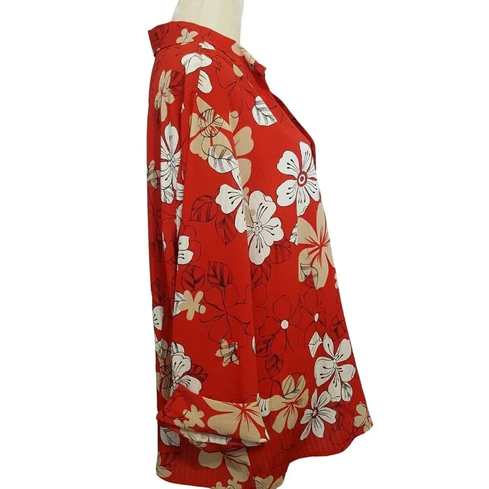 Vtg Apparenza Women's Top Shirt 2X Button Front Red floral 3/4 Cuffed Sleeve - Picture 5 of 8